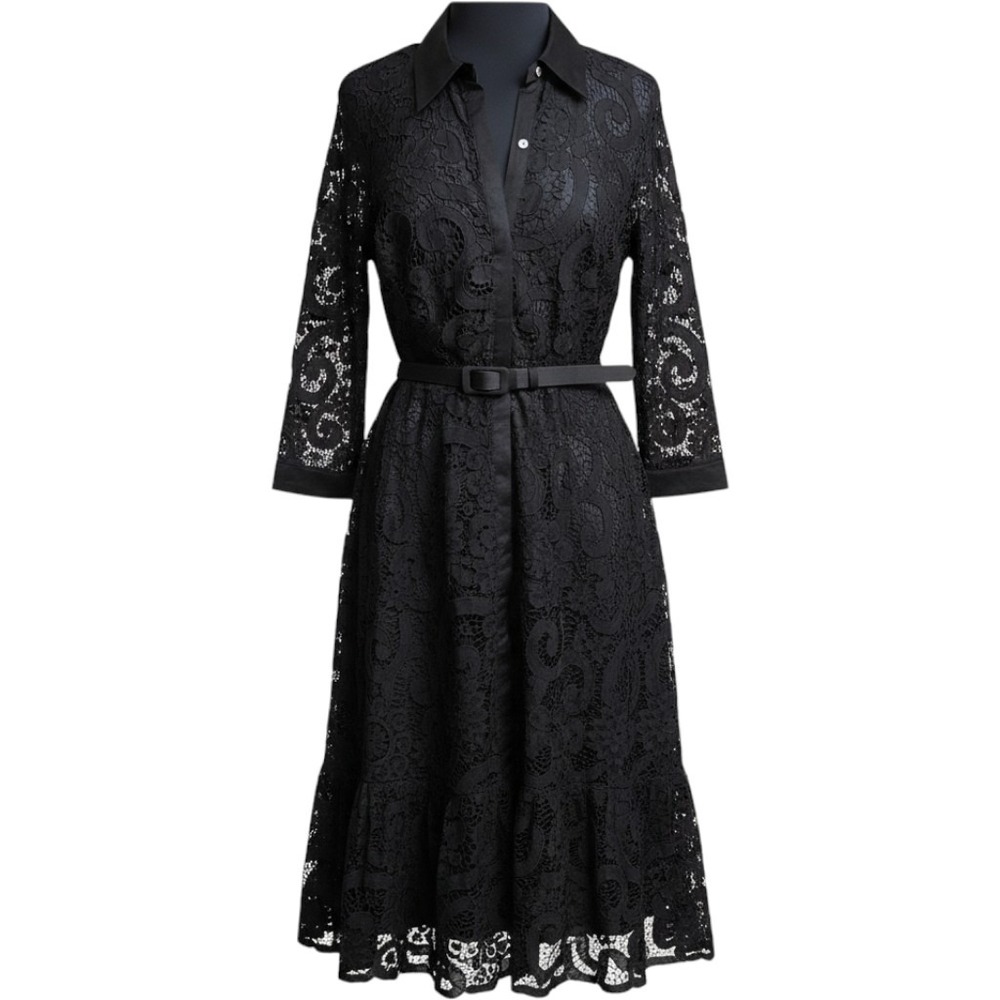 Nanette Lepore Black Floral Lace Belted Midi Shirt Dress Size 10